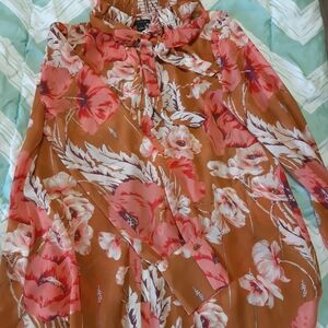 Ann Taylor Rust Floral Tie-Neck Blouse with Pink Blooms